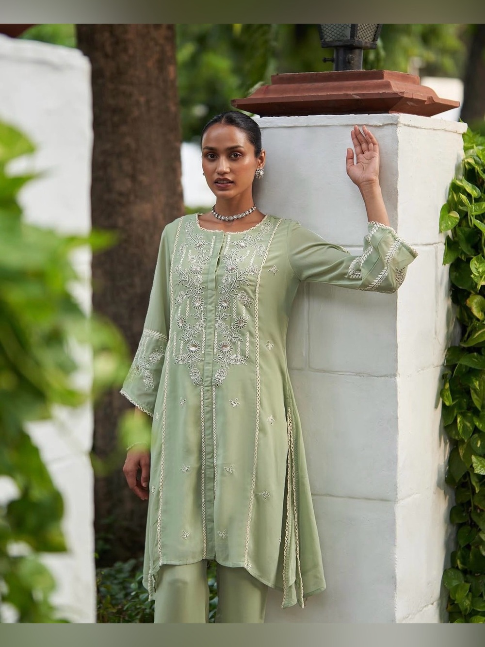 Light Sage Embroidered Tunic Set